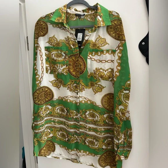 NWT Fashion Nova Green and Gold Chain Print Shirts - Picture 6 of 8